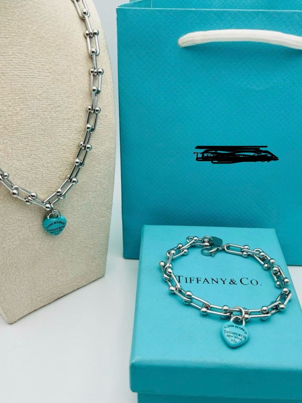 Stainless Sterling Silver Chain Necklace and Bracelet with Blue Heart Charms